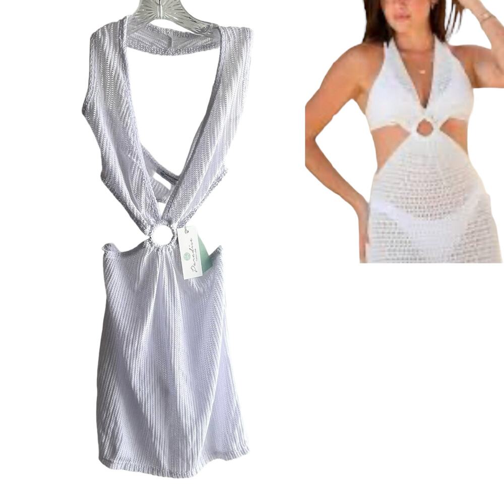 Crochet Beach Cover Up Dress White Cut Out Swim Bodycon Womens Lg Plunge Halter